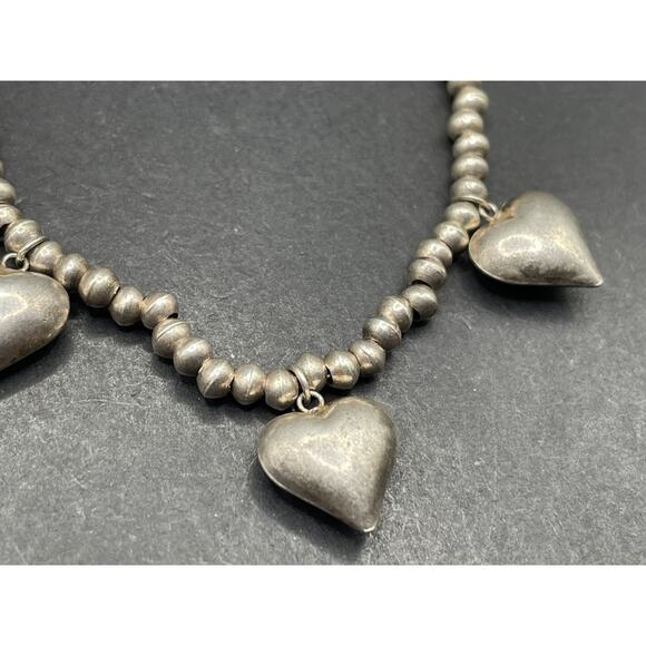 Vintage Silver Tone Bead Ball & Puffed Hearts Charms Bracelet Sz 6 1/4" 11.10g - Picture 6 of 9